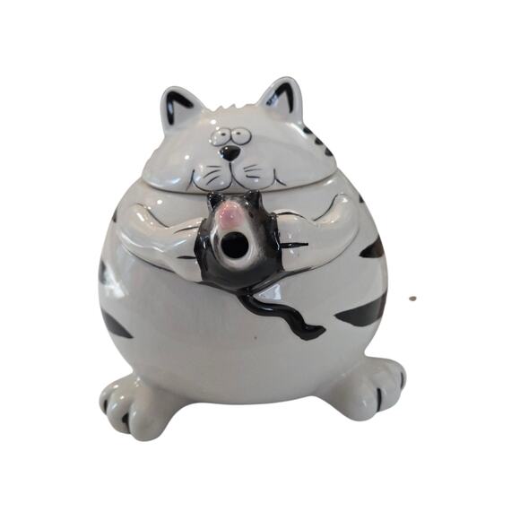 Pier 1 Imports Ceramic Cat Holding Mouse Teapot Black & White Whimsical Decor - Picture 3 of 10